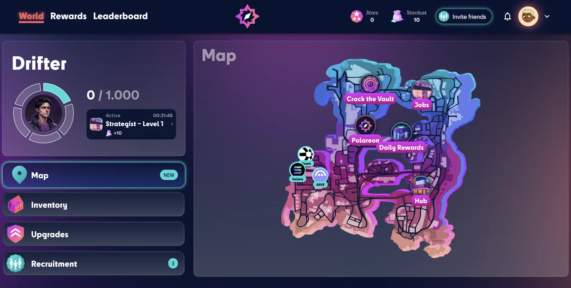 Polareon platform - GTA-style world map with missions, inventory, and leaderboard